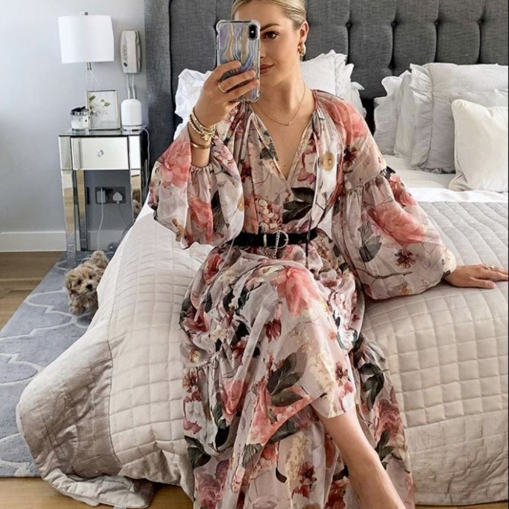 NWT H&M Conscious Floral Chiffon Maxi Dress in Light Pink sz L